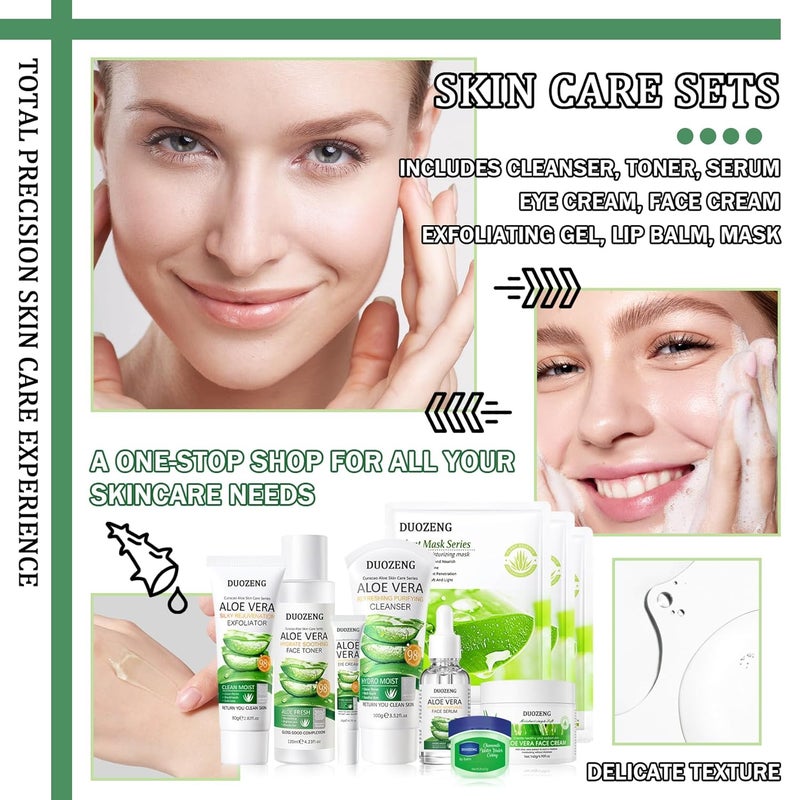 DuoZeng 10Pcs Skin Care KitSkincare Gift Set with Facial CleanserTonerSerumEye Cream Face CreamExfoliating GelSleeping Lip Mask 3 Pcs Aloe Vera Mask Kit for Women - Image 2