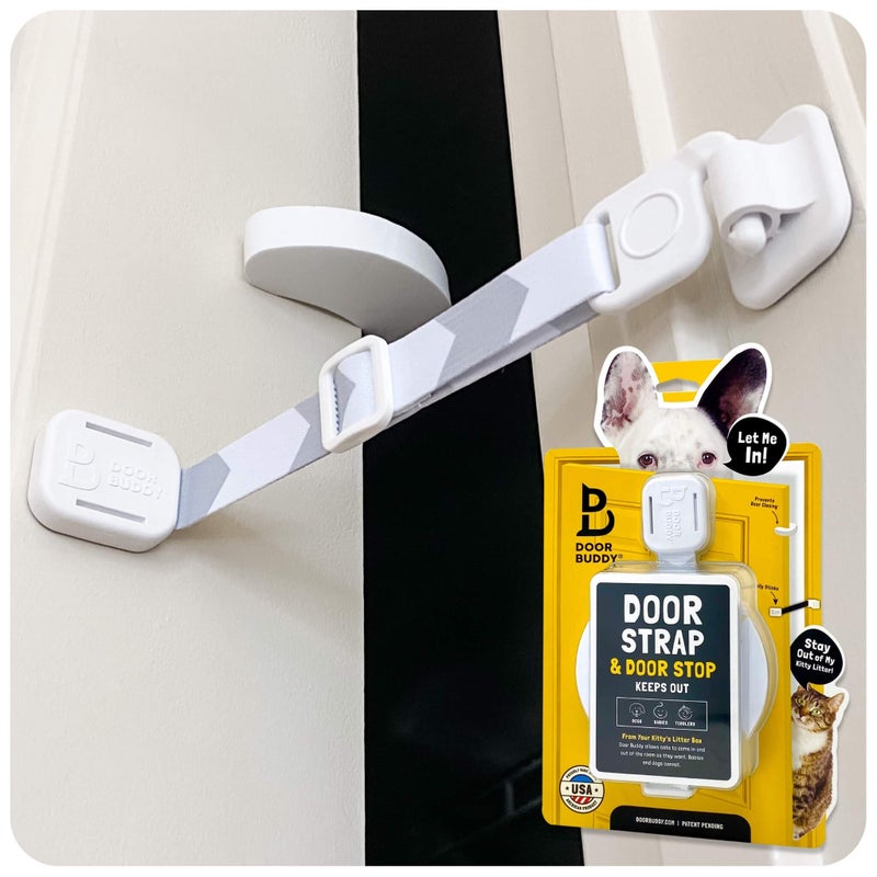 Door Buddy Cat Door Latch & Stopper. Adjustable Dog Proof Door Strap for Cats. Dog Proof Litter Box & Cat Feeder. Simpler Pet Gate Alternative. No Cut Cat Door Interior Door. - Image 1