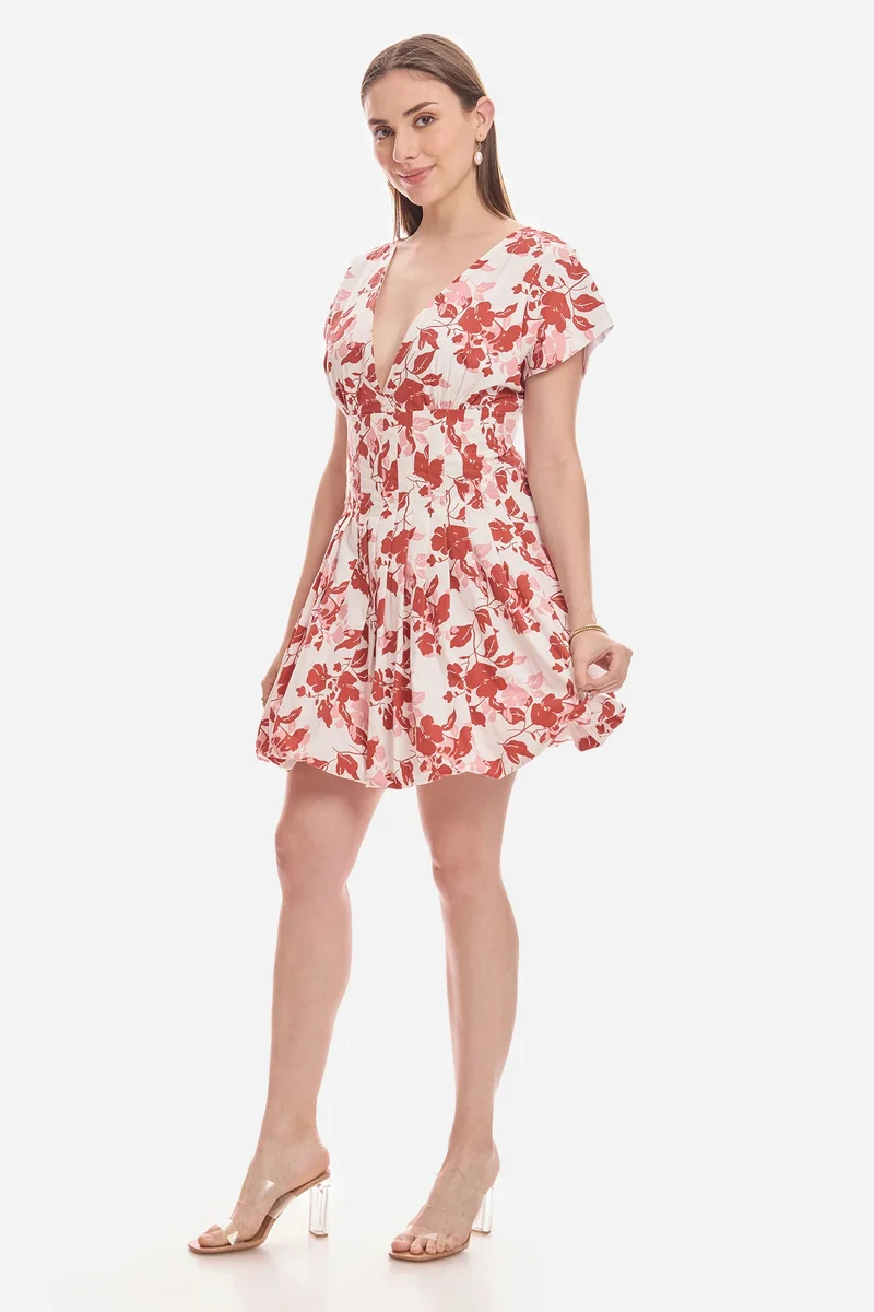 Virgio  Floral Cotton Pleated Bubble Hem Dress for Women for Women | Best Price UAE
