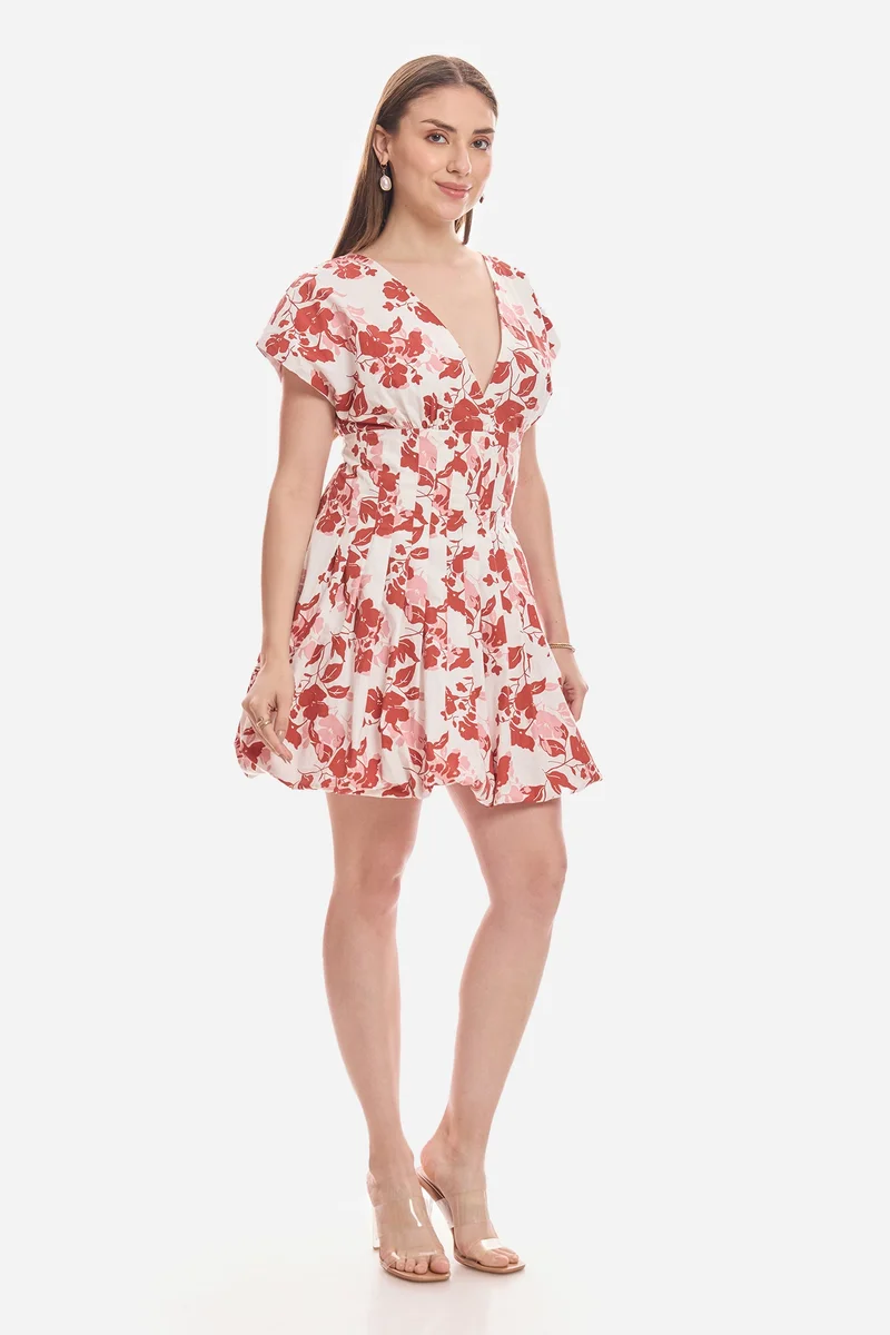 Virgio  Floral Cotton Pleated Bubble Hem Dress for Women for Women | Best Price UAE