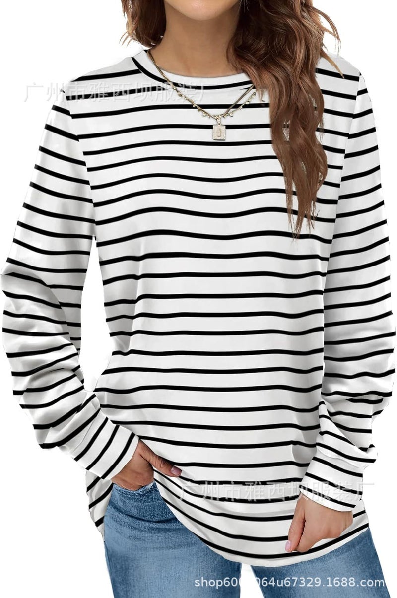 Womens Sweatshirt Crewneck Long Sleeve Shirt Belted Waist Top Fit Leggings Autumn Fashion Black stripes on white background