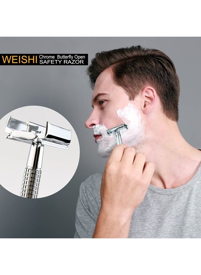 WeiShi Butterfly Open Double Edge Safety Razor Chrome Long Handle Reusable Razor - Image 5