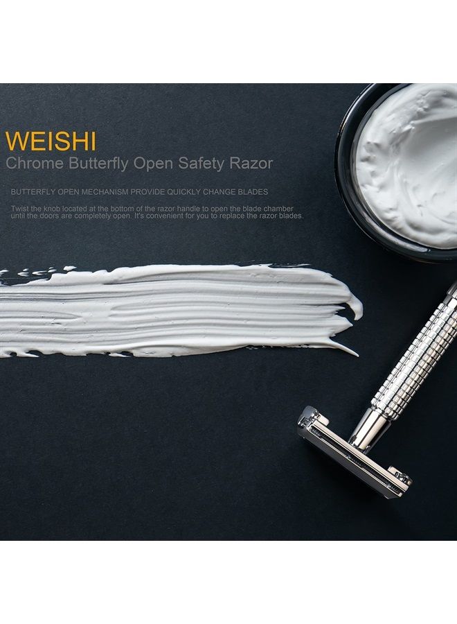 WeiShi Butterfly Open Double Edge Safety Razor Chrome Long Handle Reusable Razor - Image 4