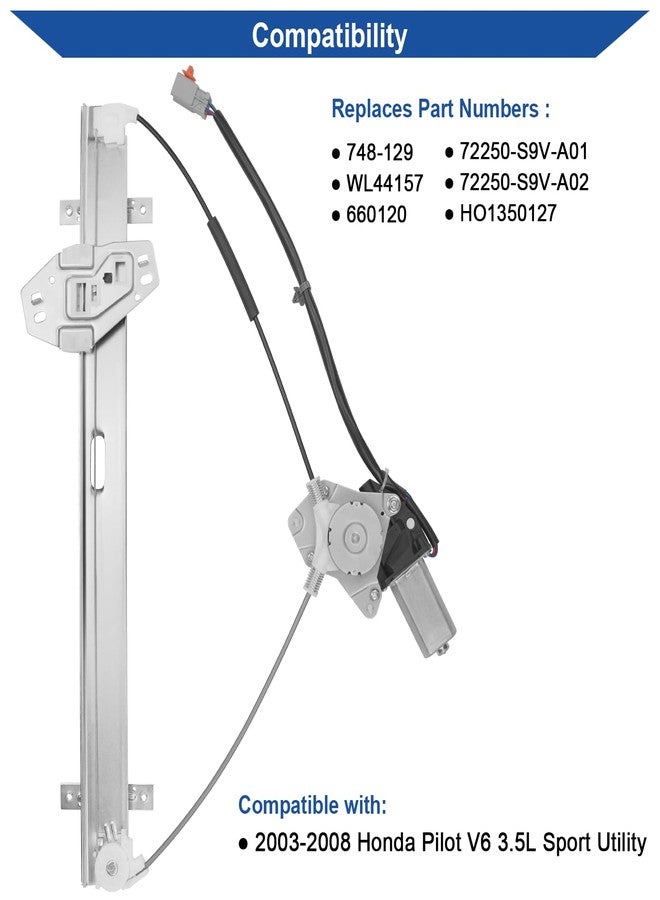 Obaee 748-129 Front Left Driver Side Power Window Regulator with Motor Compatible with Honda Pilot 2003 2004 2005 2006 2007 2008, Replace OE 72250-S9V-A01, 72250-S9V-A02 (6 Pins) - Image 2