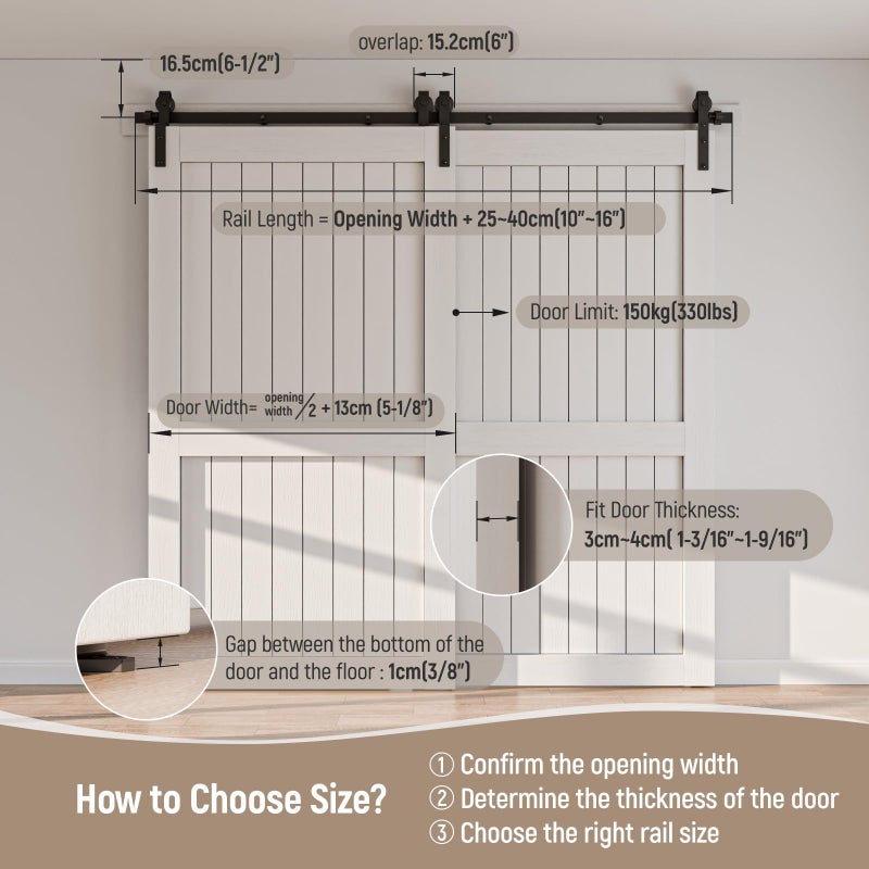 CCJH 4-14FT Bypass Sliding Barn Door Hardware Kit Single Track System Carbon Steel Basic Roller Hanger Easy to Install Fit Double 36" Wide Doors Panels (6ft Single Track Bypass) - Image 2
