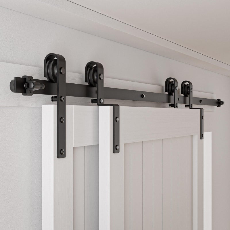 CCJH 4-14FT Bypass Sliding Barn Door Hardware Kit Single Track System Carbon Steel Basic Roller Hanger Easy to Install Fit Double 36" Wide Doors Panels (6ft Single Track Bypass) - Image 1