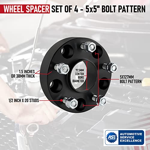 AA Ignition Wheel Spacer Set of 4-1.5in Thick - 5x127mm, 5x5in Hub Centric Adapter 71.5mm Bore - 1/2 x 20 Studs - Compatible with Jeep Vehicles - 2007-2018 Wrangler, 06-10 Commander, 05-10 Grand Cherokee - Image 3