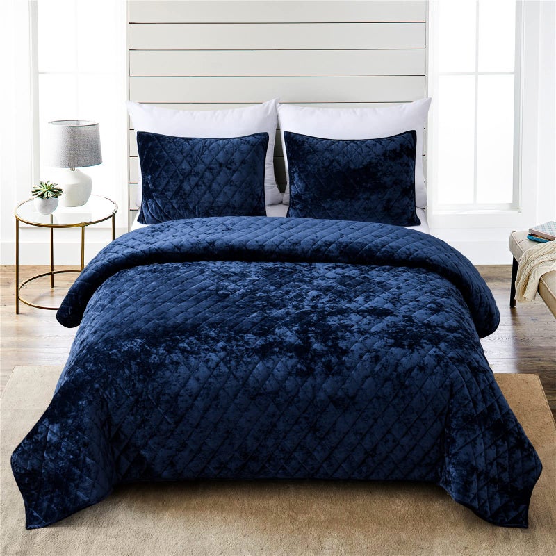 Fredsure Distressed Velvet Quilt Set 3 Pieces Navy King Distressed Velvet Face and Brushed Microfiber Reverse with Diamond Quilting