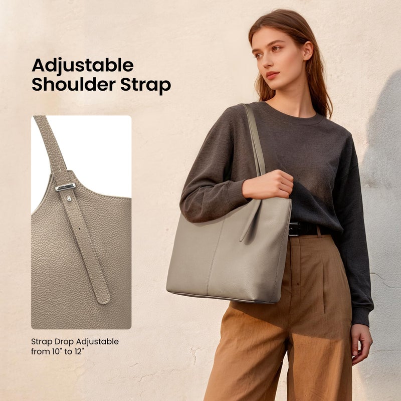 befen Genuine Leather Tote Bags for Women Work, Real Brown Leather Shoulder Handbags Zippered Satchel Purses with Adjustable Strap for Casual Shopping Travel Taupe - Image 3