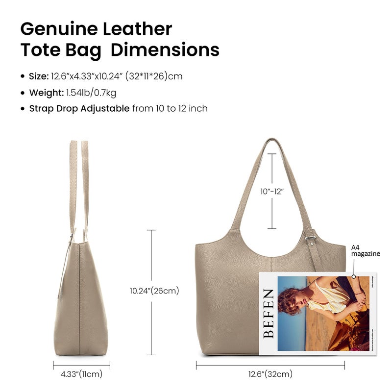befen Genuine Leather Tote Bags for Women Work, Real Brown Leather Shoulder Handbags Zippered Satchel Purses with Adjustable Strap for Casual Shopping Travel Taupe - Image 5
