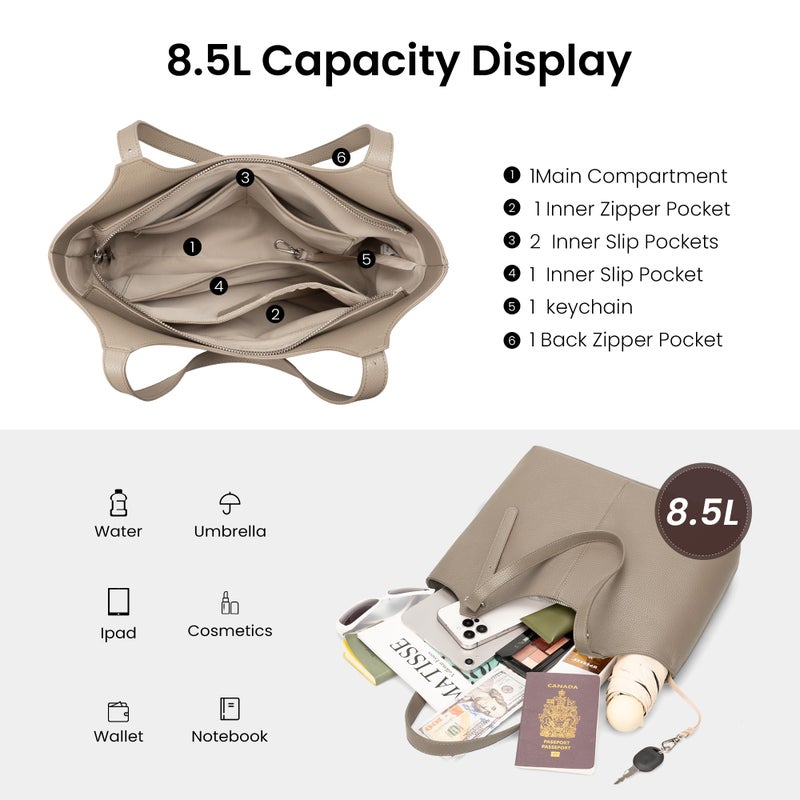 befen Genuine Leather Tote Bags for Women Work, Real Brown Leather Shoulder Handbags Zippered Satchel Purses with Adjustable Strap for Casual Shopping Travel Taupe - Image 4