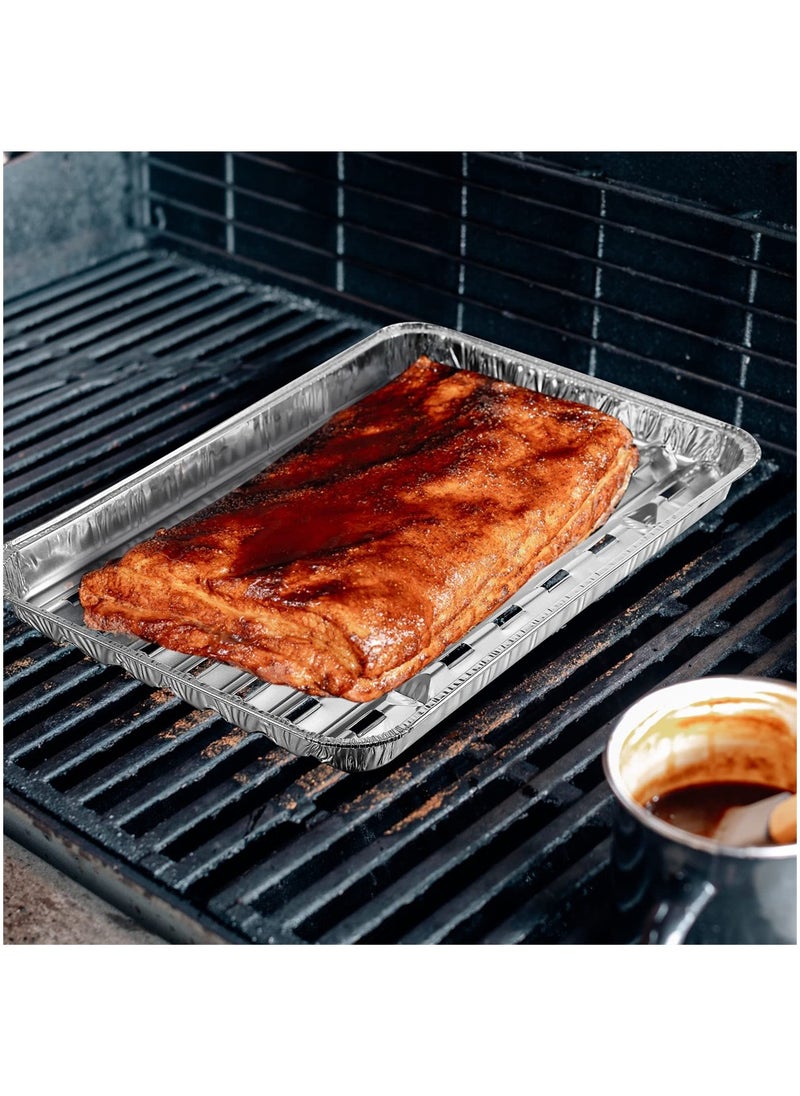 SYOSI - Aluminum Broiler Pans, 50 Pcs Disposable Durable Broiling Grill Trays with Ribbed Bottom Surface for BBQ Grill-Like Texture, 13.4 x 8.8 x 0.7 Inch Grill Drip Pans for BBQ - Image 1