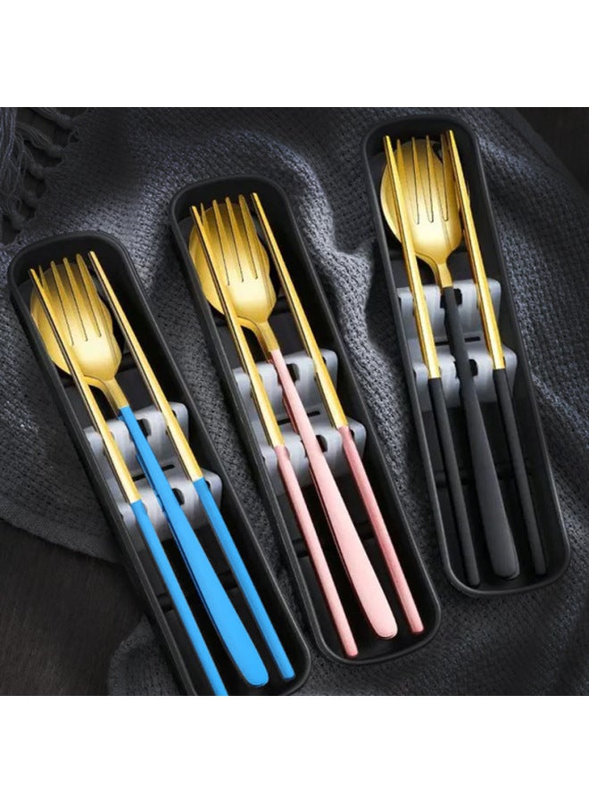 Chopsticks Spoon Suit Portable Box Tableware Children's Primary School School Special Storage Box Set Of Three To Take To Work-Specifications:Blue Gold Two-Piece Set - Image 2