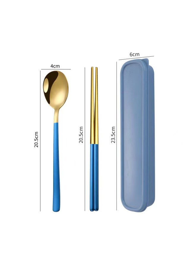 Chopsticks Spoon Suit Portable Box Tableware Children's Primary School School Special Storage Box Set Of Three To Take To Work-Specifications:Blue Gold Two-Piece Set - Image 1
