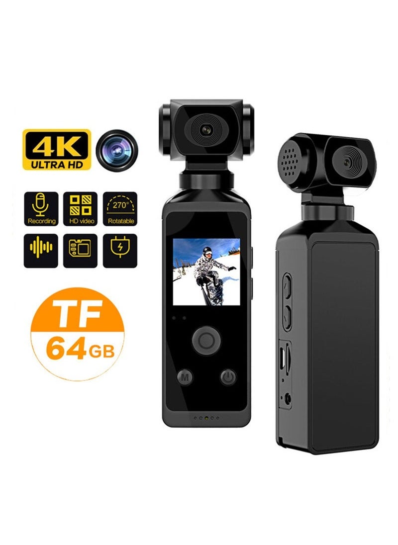 Generic - 4K Ultra HD Pocket Action Camera 270° Rotatable Vlog Wifi Mini Sports Cam Waterproof Case Helmet Travel Bicycle Driver Recorder (64GB) - Image 1