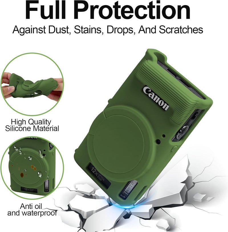 إيزي هود حافظة لكاميرا Canon PowerShot IXY 650/ELPH 360، غطاء كاميرا سيليكون ناعم مع غطاء عدسة قابل للإزالة، حافظة واقية رفيعة مضادة للخدش لحمل الكاميرا، غطاء جلدي لجسم الكاميرا (أخضر) - Image 3