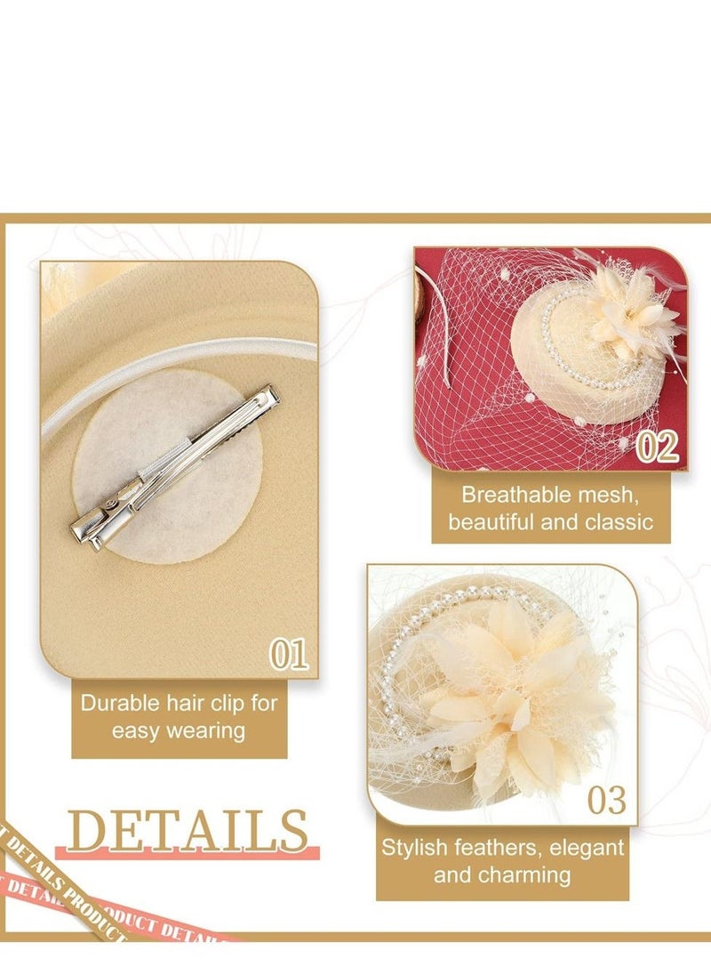 SYOSI 1950s Vintage Fascinator Hat, Faux Feather Mesh Net Hat Tea Party Headwear with Veil and Women Short Lace Gloves Imitation Pearl Necklace, Costume Accessories for Girls and Women Wedding (Apricot) - Image 4