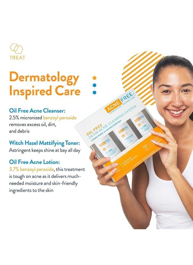 AcneFree مجموعة علاج حب الشباب من 3 خطوات لمدة 24 ساعة من Acne Free - نظام تنظيف مع منظف حب الشباب الخالي من الزيوت، وتونر Witch Hazel، وغسول حب الشباب الخالي من الزيوت - محلول حب الشباب مع بنزويل بيروكسيد للمراهقين والبالغين - الأصلي  - Image 1