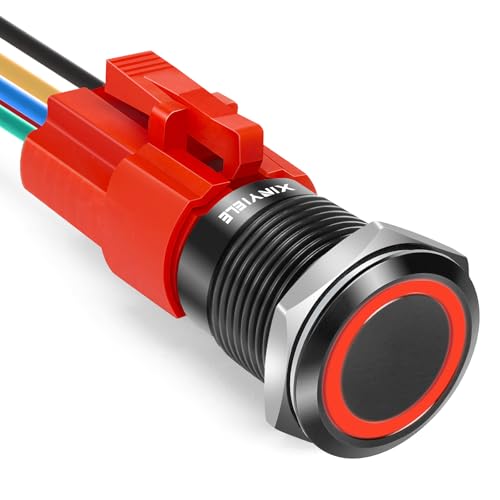 XINYIELE 16MM Latching 12V Push Button Switch On Off,Waterproof with LED Light Power Button Switch for car，0.63" Mounting Hole with Wire Socket Plug Self-Locking(Ring Red LED/Black Shell - Image 1