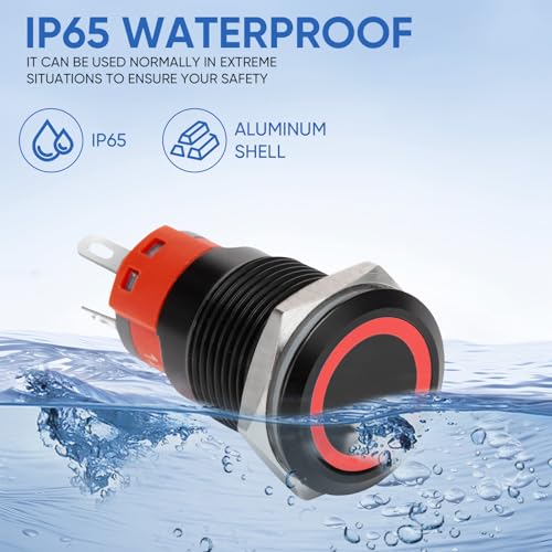 XINYIELE 16MM Latching 12V Push Button Switch On Off,Waterproof with LED Light Power Button Switch for car，0.63" Mounting Hole with Wire Socket Plug Self-Locking(Ring Red LED/Black Shell - Image 4