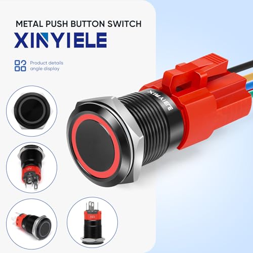 XINYIELE 16MM Latching 12V Push Button Switch On Off,Waterproof with LED Light Power Button Switch for car，0.63" Mounting Hole with Wire Socket Plug Self-Locking(Ring Red LED/Black Shell - Image 3