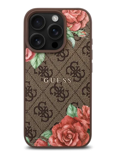 جس حافظة صلبة لهاتفGUESS iPhone 16 Pro Max PU 4G مع ورود وشعار معدني / ممتص للصدمات / حواف مرتفعة / غطاء خلفي نحيف وخفيف الوزن - بني