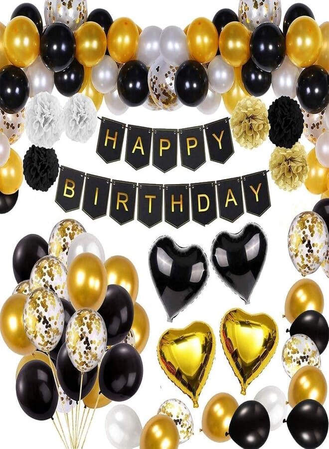 Secret Black and Gold Party Decorations Happy Birthday Confetti Balloons with Banner,Star Heart Foil Balloons,Paper Pompoms Birthday Decorat (Black and Gold)