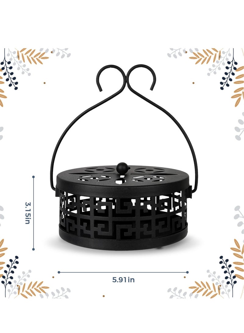 Excefore Coil Holder with Handle, 2 Pcs Retro Portable Mosquito Coil Holder Incense Coil Burner, Iron Coil Holder with Handle Round Fireproof Incense Holder, for Indoor and Outdoor Camping (Black) - Image 2