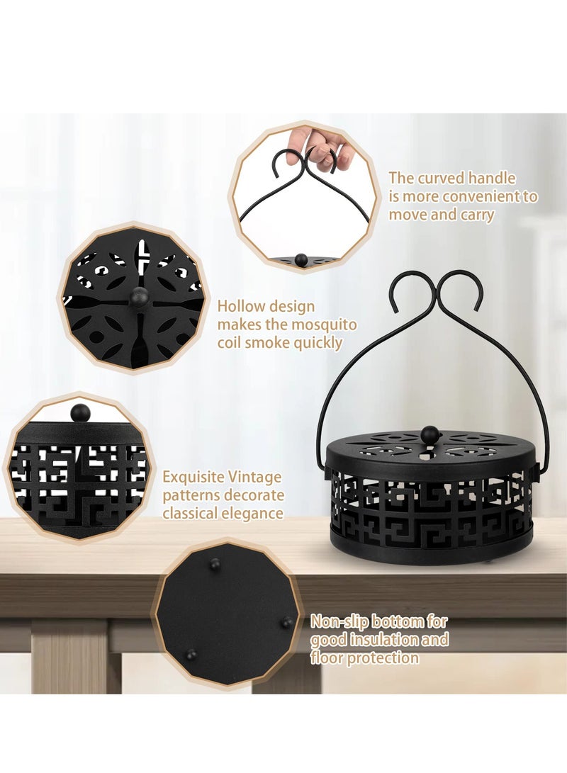 Excefore Coil Holder with Handle, 2 Pcs Retro Portable Mosquito Coil Holder Incense Coil Burner, Iron Coil Holder with Handle Round Fireproof Incense Holder, for Indoor and Outdoor Camping (Black) - Image 5