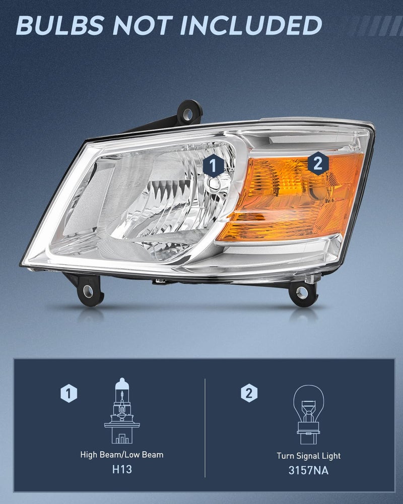 Nilight Headlight Assembly for 2008 2009 2010 Dodge Grand Caravan Replacement Headlamp Chrome Housing Amber Reflector Driver and Passenger Side - Image 2