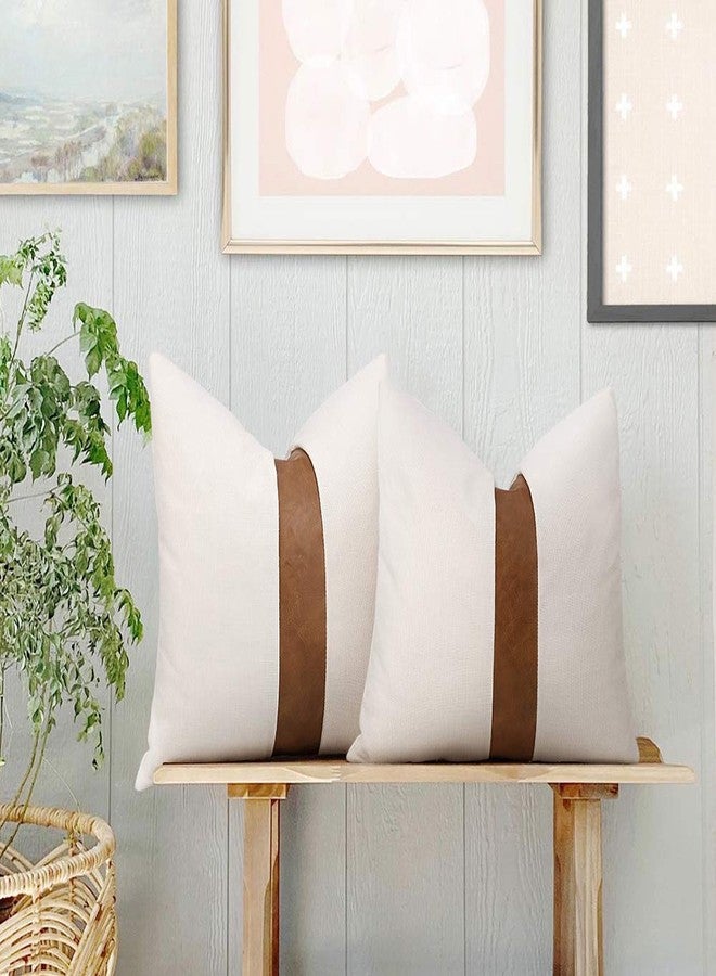 cygnus Set of 2 White Linen Patchwork Faux Leather Throw Pillow Covers for Couch Living Room Bedroom, Modern Accent Decorative Square Cushion Covers 20x20 inch (White, 20x20 inch) - Image 3