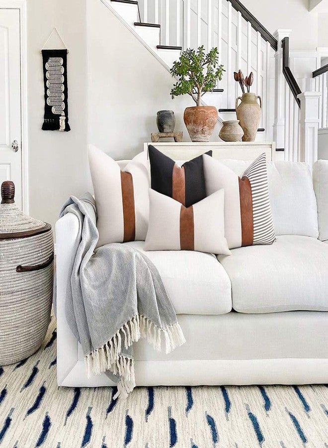 cygnus Set of 2 White Linen Patchwork Faux Leather Throw Pillow Covers for Couch Living Room Bedroom, Modern Accent Decorative Square Cushion Covers 20x20 inch (White, 20x20 inch) - Image 5
