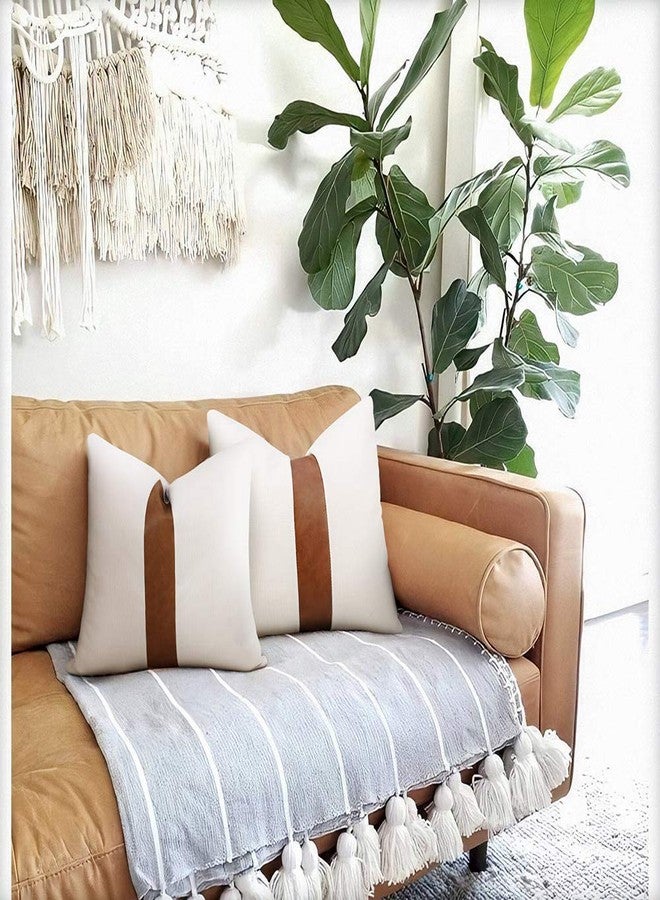cygnus Set of 2 White Linen Patchwork Faux Leather Throw Pillow Covers for Couch Living Room Bedroom, Modern Accent Decorative Square Cushion Covers 20x20 inch (White, 20x20 inch) - Image 4