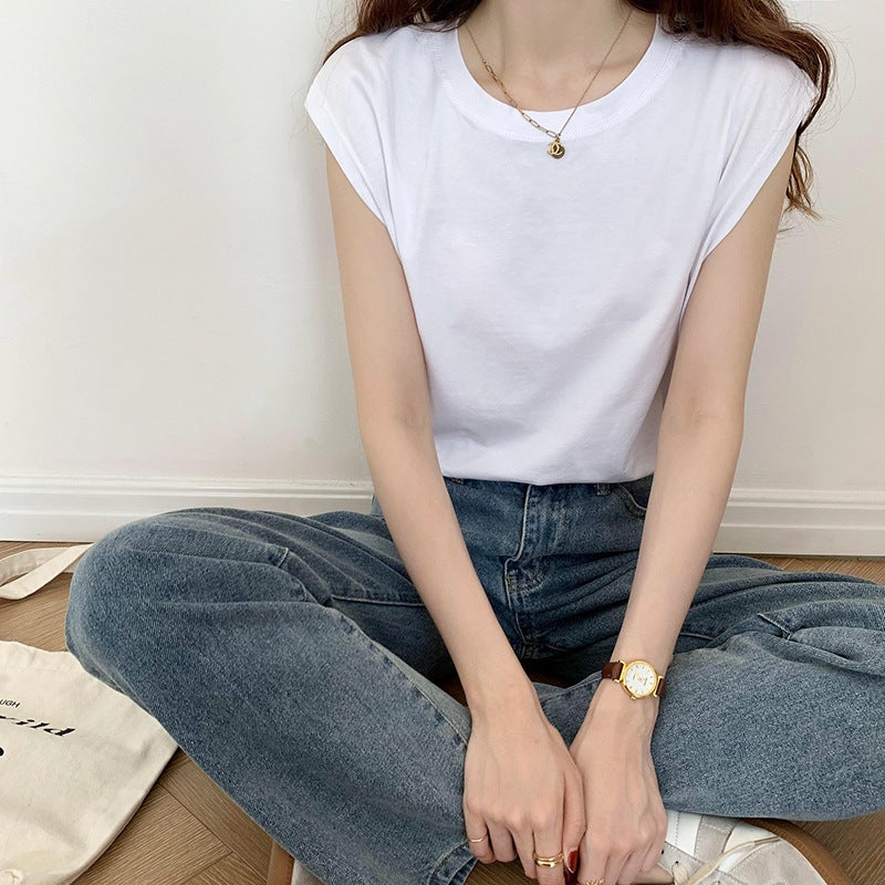 White Sleeveless T-Shirt For Women Loose 2025 Fashion Black Vest T-Shirt Student Top Outer Wear Ins - Image 3