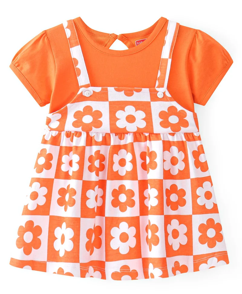babyhug Babyhug 100% Cotton Knit Half Sleeves Frock With Floral Print - Orange