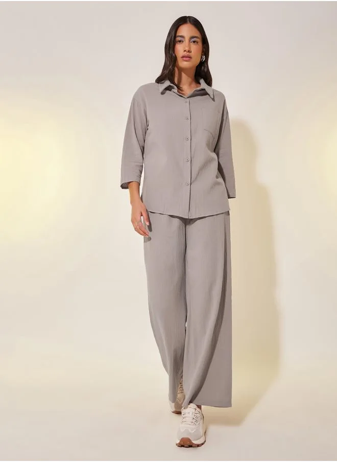 تايك تو Solid 3/4 Sleeves Shirt and Pants Co-Ords