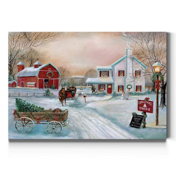 CHRISTMAS TREE FARM WALL ART COUNTRY WINTER SCENE WITH RED BARN CHARMING DECORATIONS PREMIUM GALLERY WRAPPED CANVAS DECOR READY TO HANG 24 IN H X 36 IN W MADE IN AMERICA