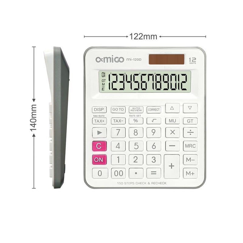 Amigo آلة حاسبة مكتبية MI-120D، شاشة 12 رقم، 150 خطوة تحقق وإعادة تحقق، طاقة مزدوجة (بيضاء) - Image 2