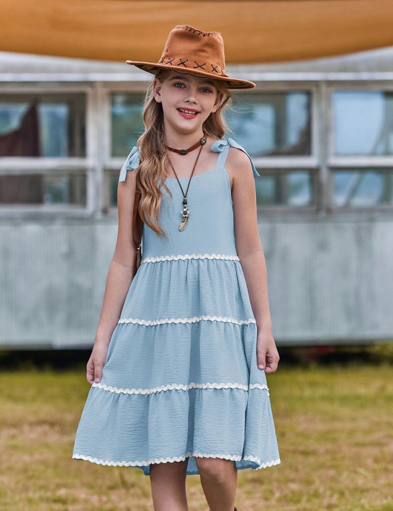 Arshiner Girls Summer Sleeveless Bow-Tie Straps Sundress Flowy Smocked Backless Tiered Lace Swing Midi Dress with Pockets Light Blue Tween 9-10 Y - Image 5