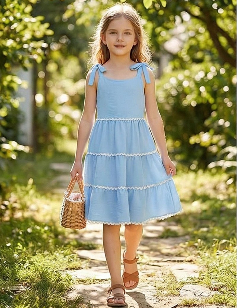 Arshiner Girls Summer Sleeveless Bow-Tie Straps Sundress Flowy Smocked Backless Tiered Lace Swing Midi Dress with Pockets Light Blue Tween 9-10 Y - Image 3