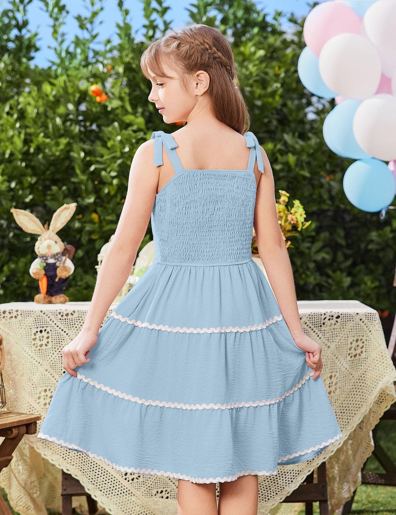 Arshiner Girls Summer Sleeveless Bow-Tie Straps Sundress Flowy Smocked Backless Tiered Lace Swing Midi Dress with Pockets Light Blue Tween 9-10 Y - Image 2