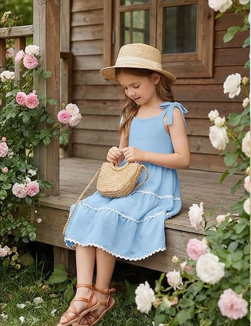 Arshiner Girls Summer Sleeveless Bow-Tie Straps Sundress Flowy Smocked Backless Tiered Lace Swing Midi Dress with Pockets Light Blue Tween 9-10 Y - Image 4