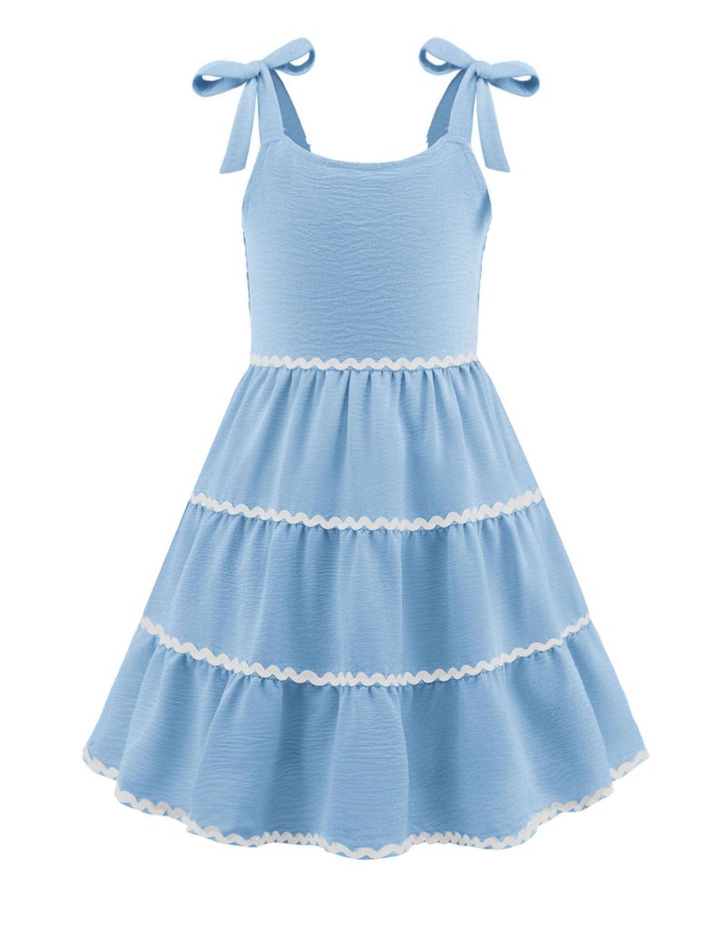 Arshiner Girls Summer Sleeveless Bow-Tie Straps Sundress Flowy Smocked Backless Tiered Lace Swing Midi Dress with Pockets Light Blue Tween 9-10 Y - Image 1