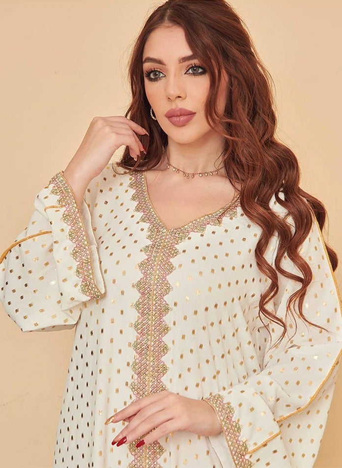إسكدنيا سيدة ثوب فضفاض طباعة أزياء مسلم عارضة ثوب طويل Abaya الأبيض - Image 2