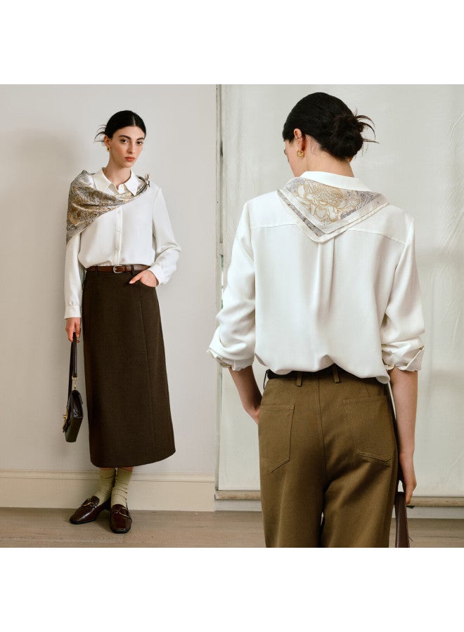 Olrain Oulain French-style Simple Top Women's Clothing, Autumn New Style, Commuter White Shirt With Scarf, Off-white, XL - Image 2