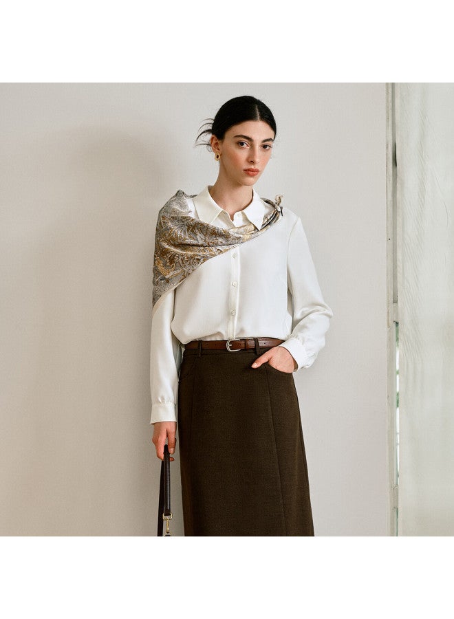 Olrain Oulain French-style Simple Top Women's Clothing, Autumn New Style, Commuter White Shirt With Scarf, Off-white, XL - Image 1