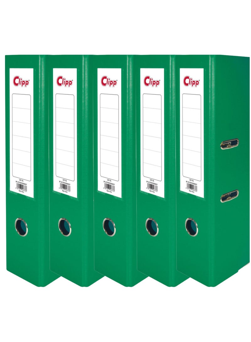 CLIPP 5-Piece Lever Arch Box File 75mm Spine Green - Image 1