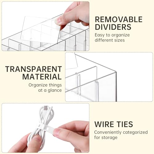 FRETONBA 2Pcs Cable Charger Organizer Box, Large Cords Storage Organizer with Adjustable Compartments and Wire Ties, Stackable Cord Organizer for Drawer - Clear - Image 4