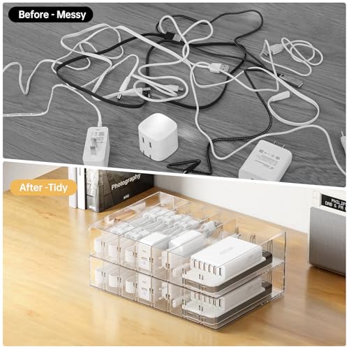 FRETONBA 2Pcs Cable Charger Organizer Box, Large Cords Storage Organizer with Adjustable Compartments and Wire Ties, Stackable Cord Organizer for Drawer - Clear - Image 5