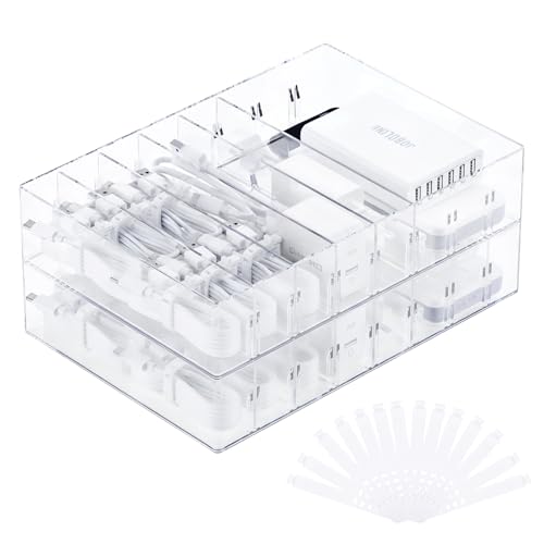 FRETONBA 2Pcs Cable Charger Organizer Box, Large Cords Storage Organizer with Adjustable Compartments and Wire Ties, Stackable Cord Organizer for Drawer - Clear - Image 1